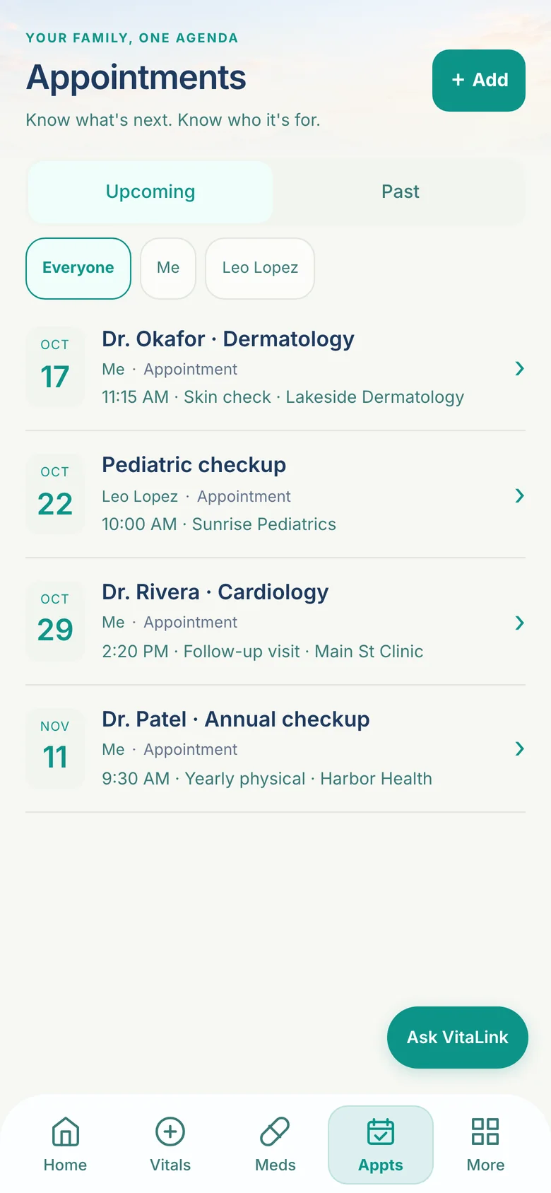 The VitaLink appointments agenda with upcoming visits for the user and a family member, filterable by person.