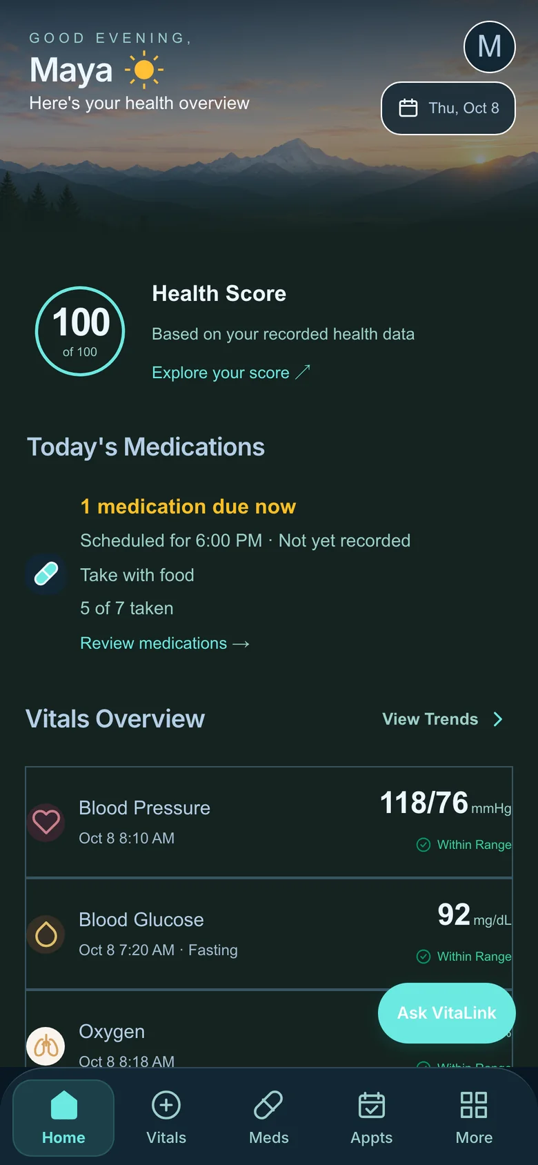 The VitaLink home screen in dark mode.