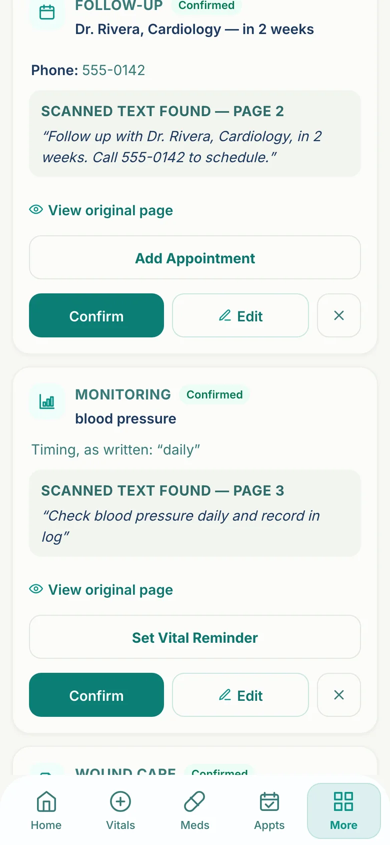 A confirmed follow-up item with an Add Appointment button, and a confirmed monitoring item below it.