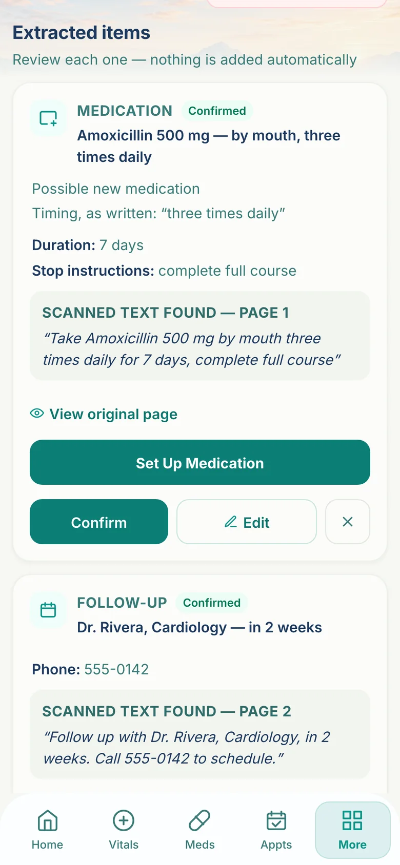 The VitaLink discharge plan review screen, showing a medication item with the scanned text it came from and Confirm, Edit and ignore buttons.