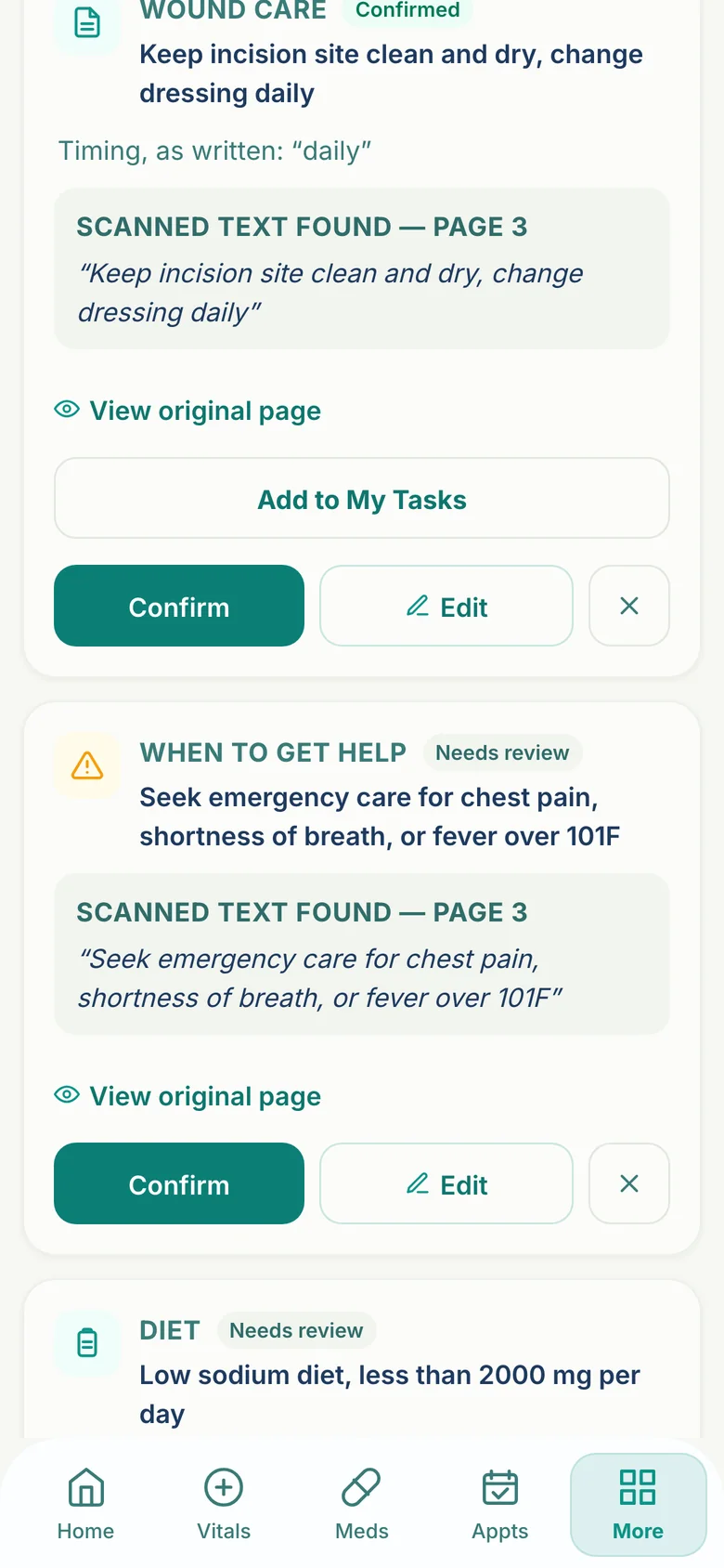 A confirmed wound-care instruction with an Add to My Tasks button, and a warning-sign item that stays informational.