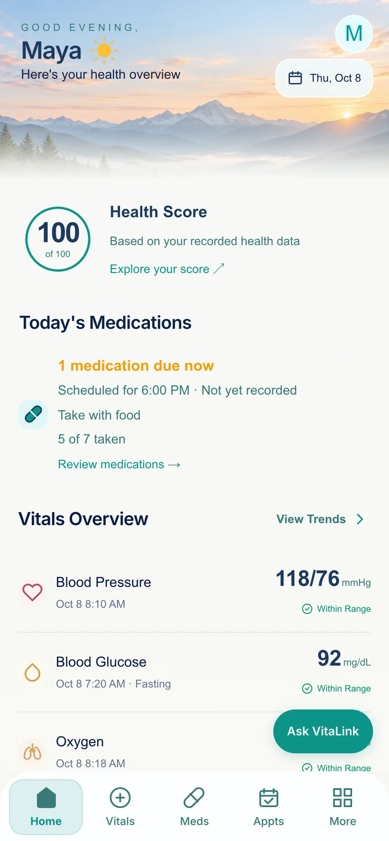 The VitaLink home screen: a health score, today’s medications with a reminder to take the next dose with food, and the latest blood pressure and glucose readings.