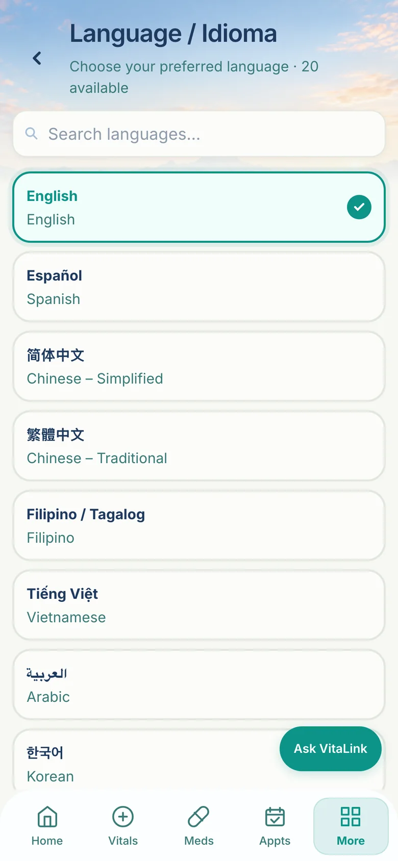 The VitaLink language picker listing languages including English, Español, Chinese, Filipino, Vietnamese, Arabic and Korean.