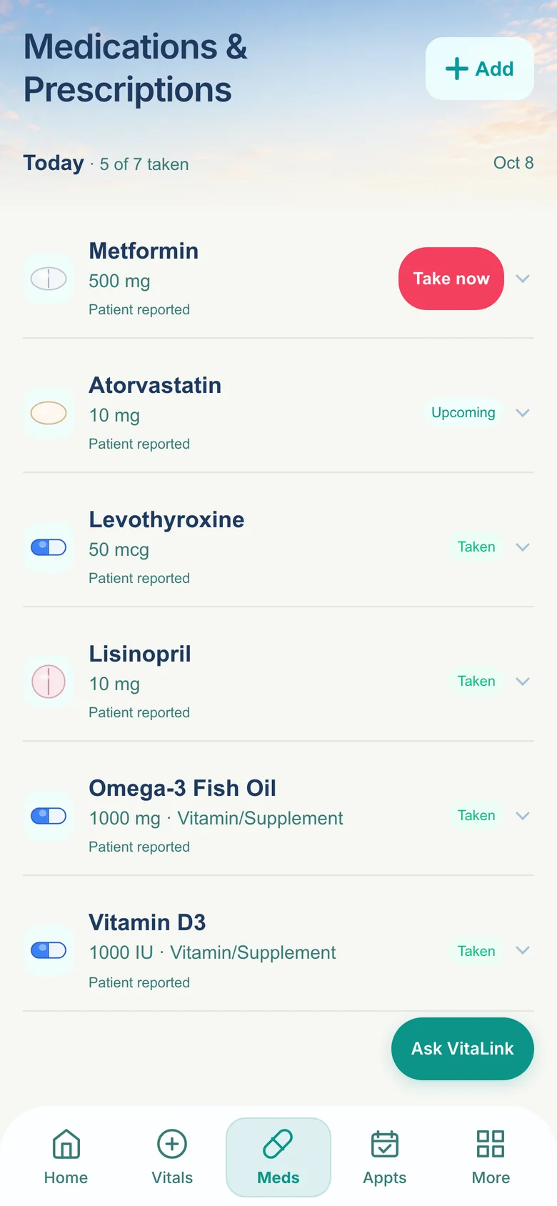 The VitaLink medications screen listing six medications with today’s status for each.