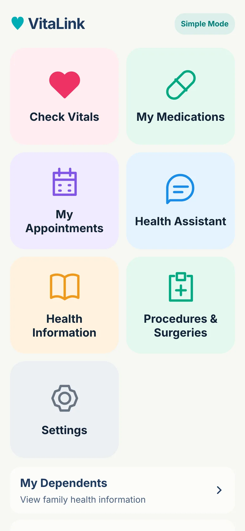 VitaLink Simple Mode: a home screen with large colorful buttons for vitals, medications, appointments and the health assistant.